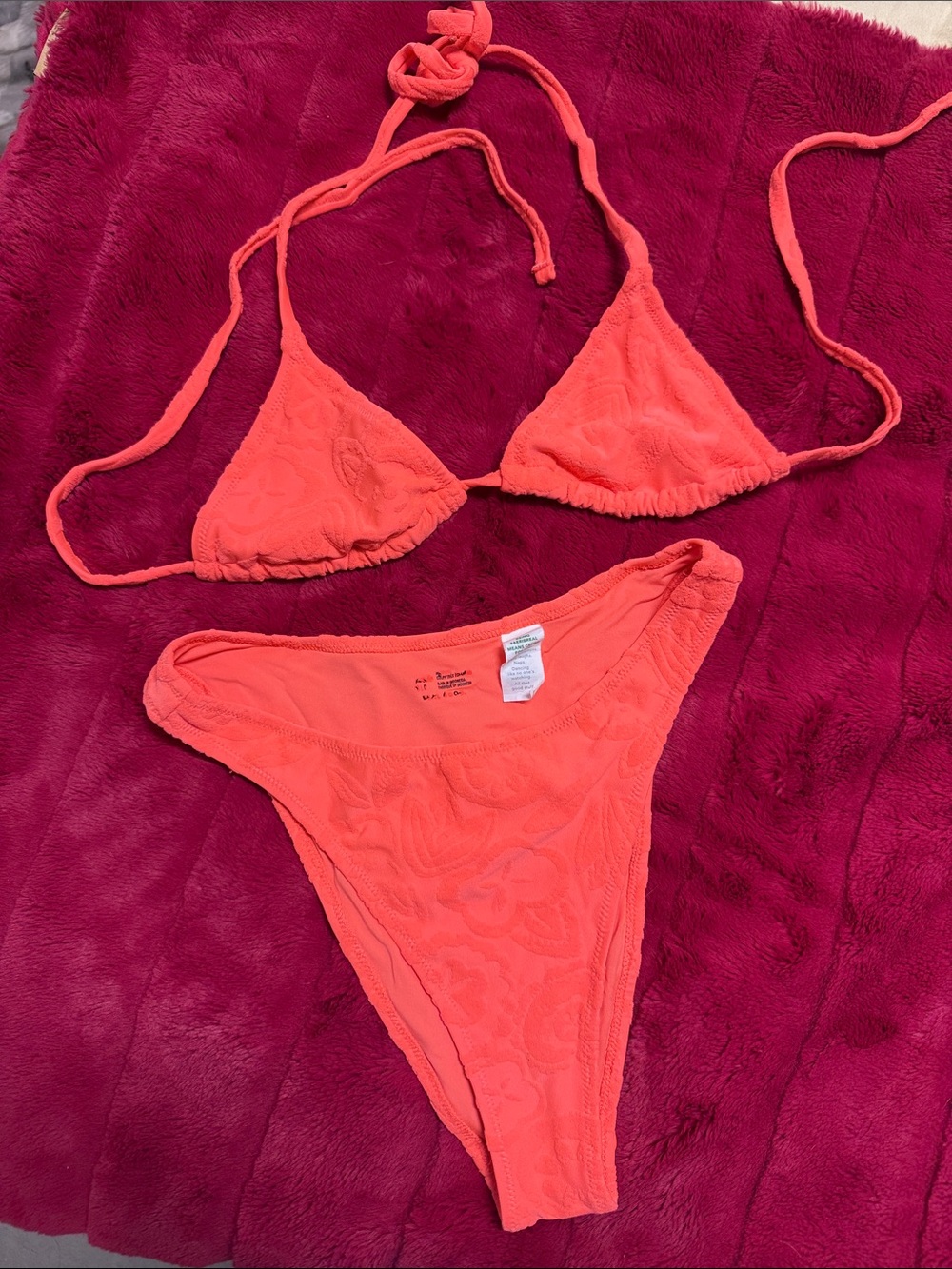 aerie Coral Textured Triangle Bikini Set